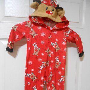 CUTE UNISEX ONESIE SLEEPER HOODED PAJAMA SET REINDEER DESIGN SIZE 9-12 MONTHS 🎄